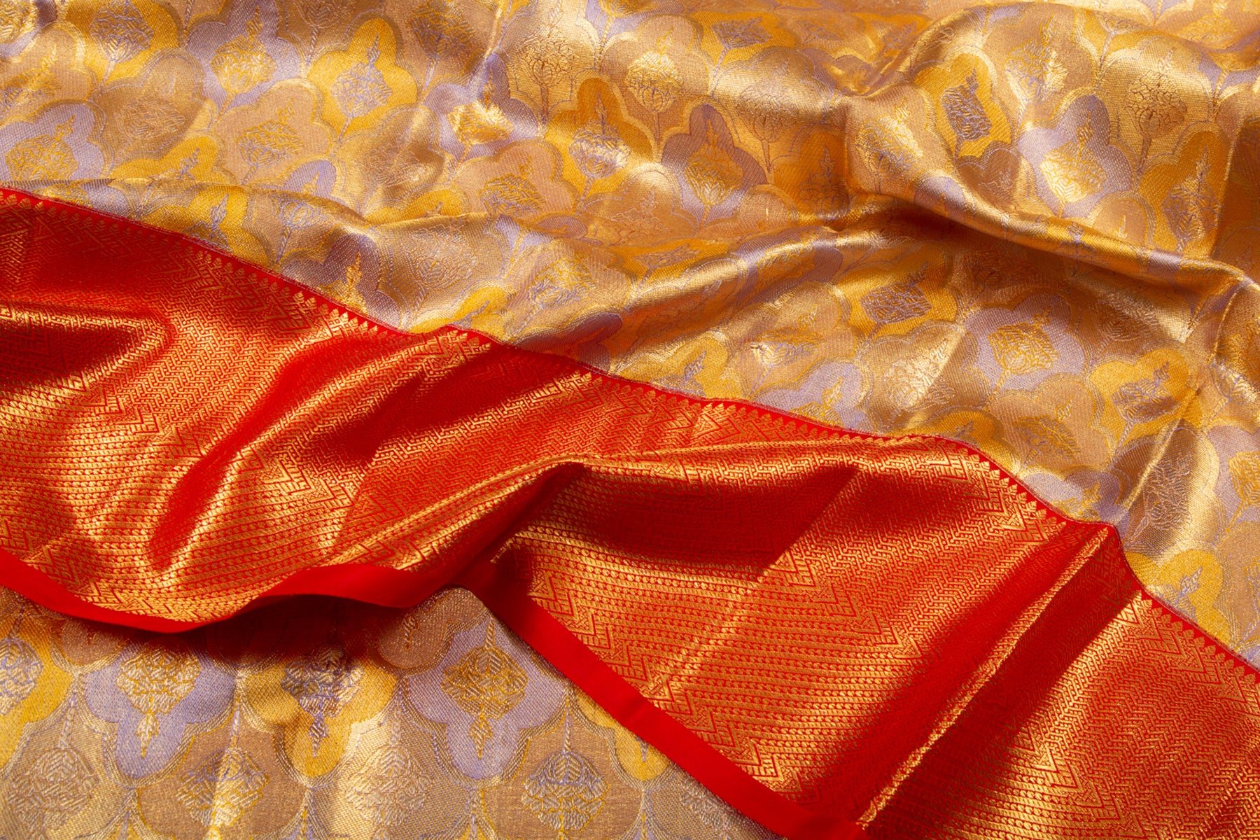 Kanchipuram Silk Tissue Brocade Lilac And Yellow Saree