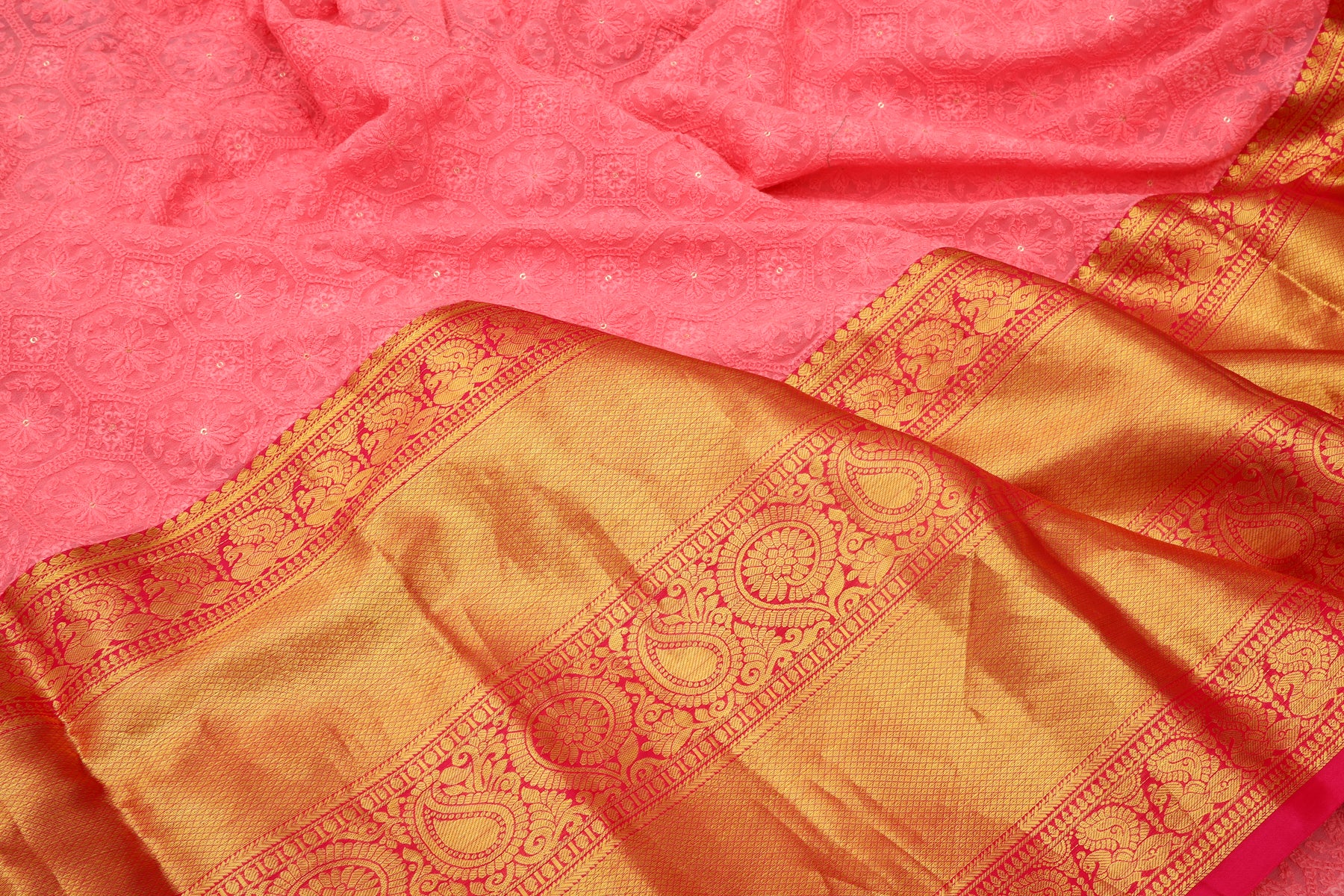Lucknow Chikankari Georgette Pink Saree With Attached Kanchi Border
