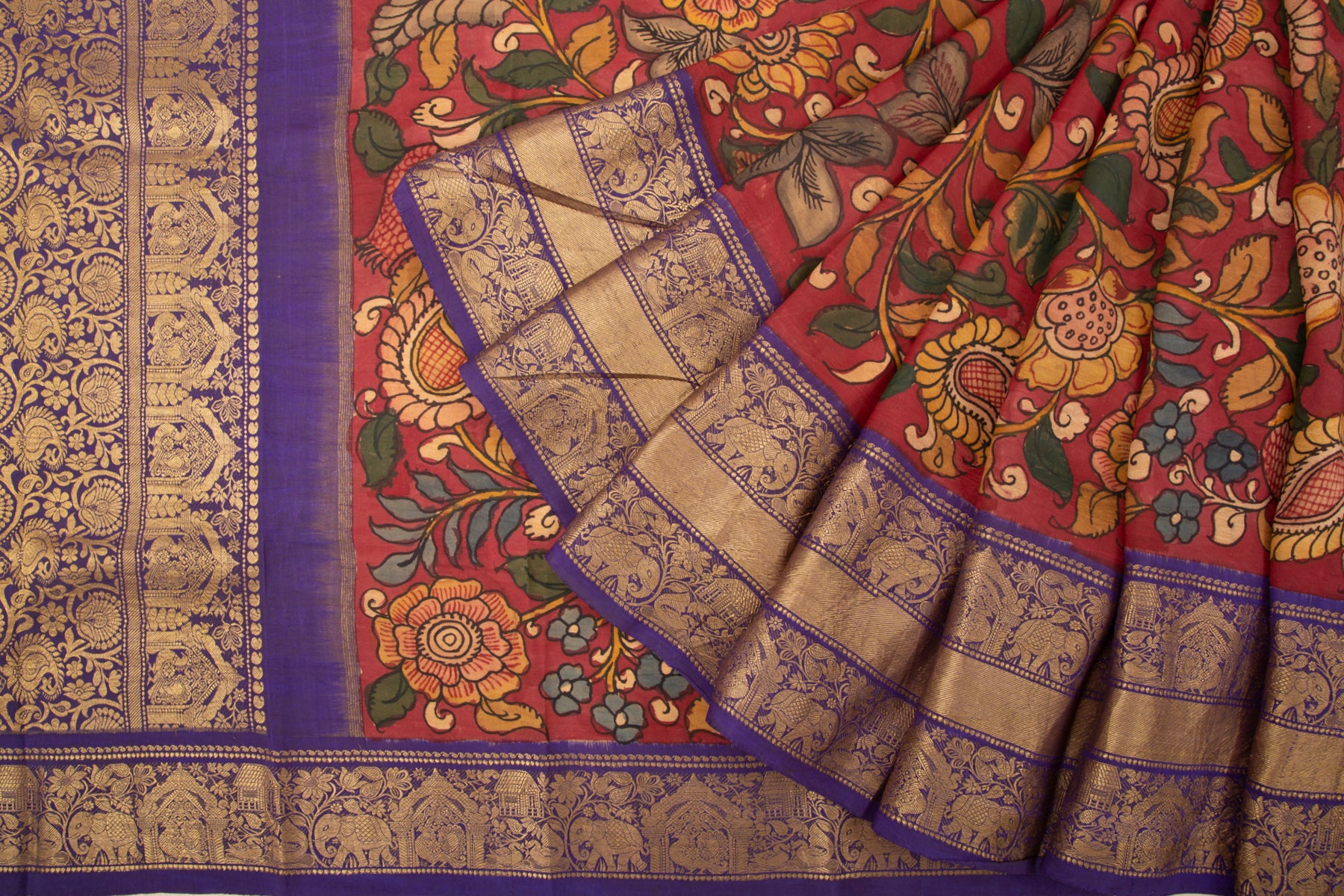 Kanchipuram Silk Kalamkari Hand Painted Brown Saree