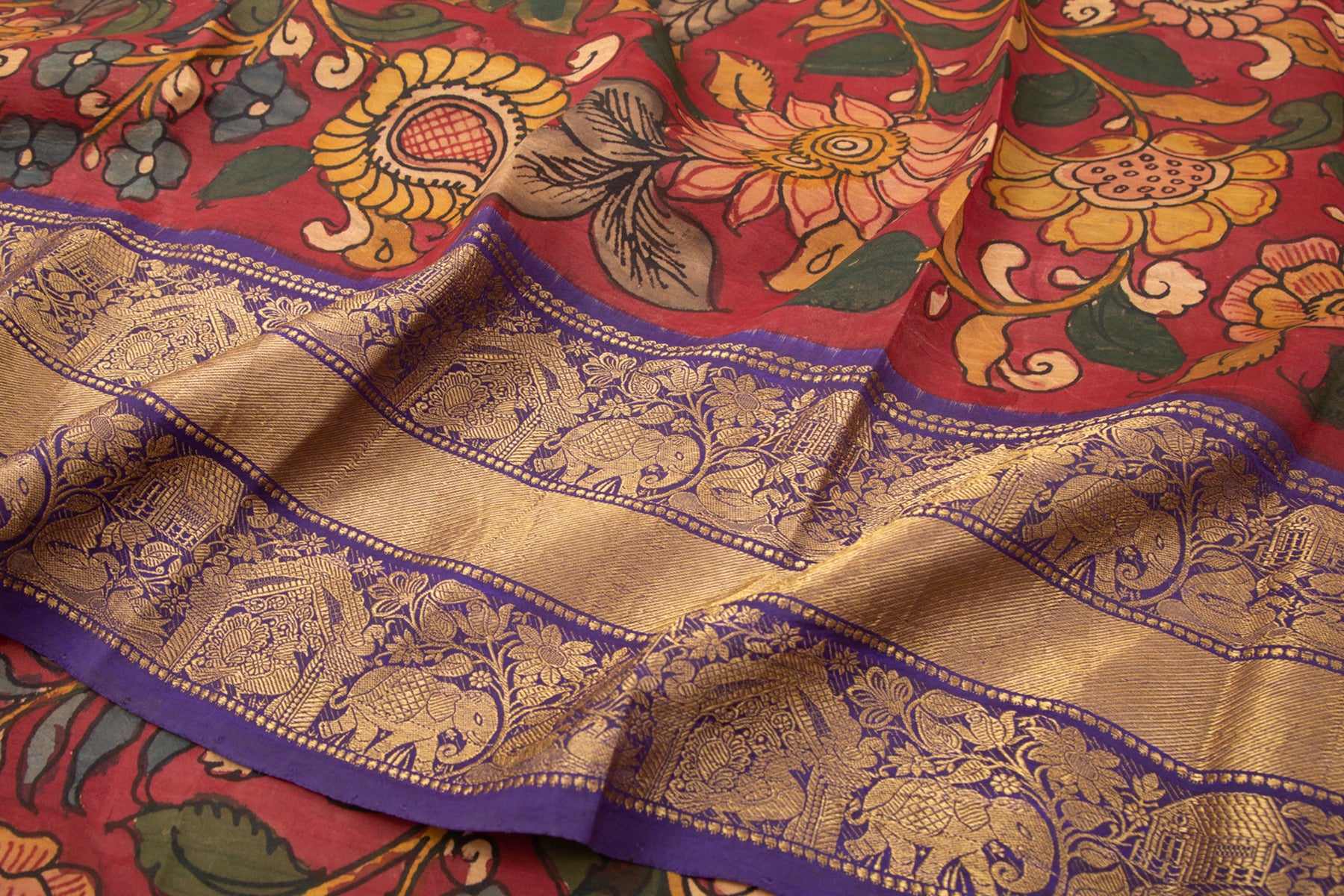 Kanchipuram Silk Kalamkari Hand Painted Brown Saree