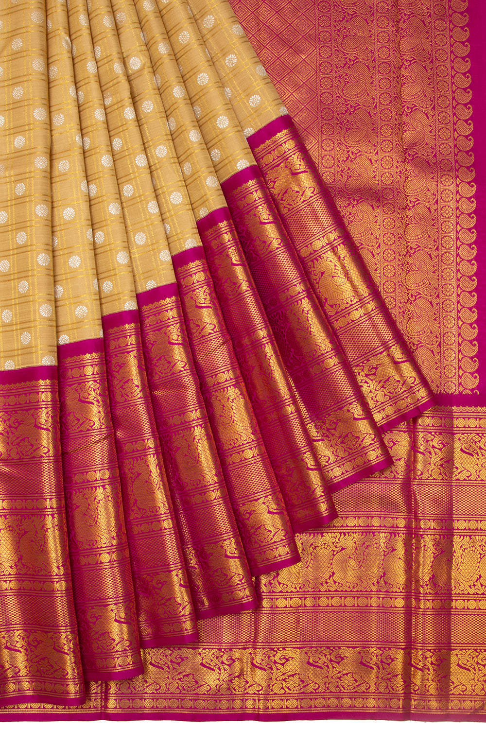 Kanchipuram Silk Checks And Butta Cream Saree