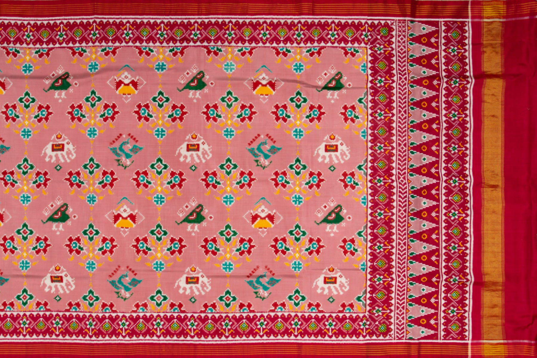 Patan Patola Silk Double Ikat 4 Figure Baby Pink Saree