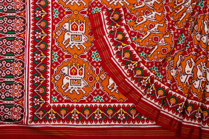 Patan Patola Silk Double Ikat Chabdi Bhat Orange Saree