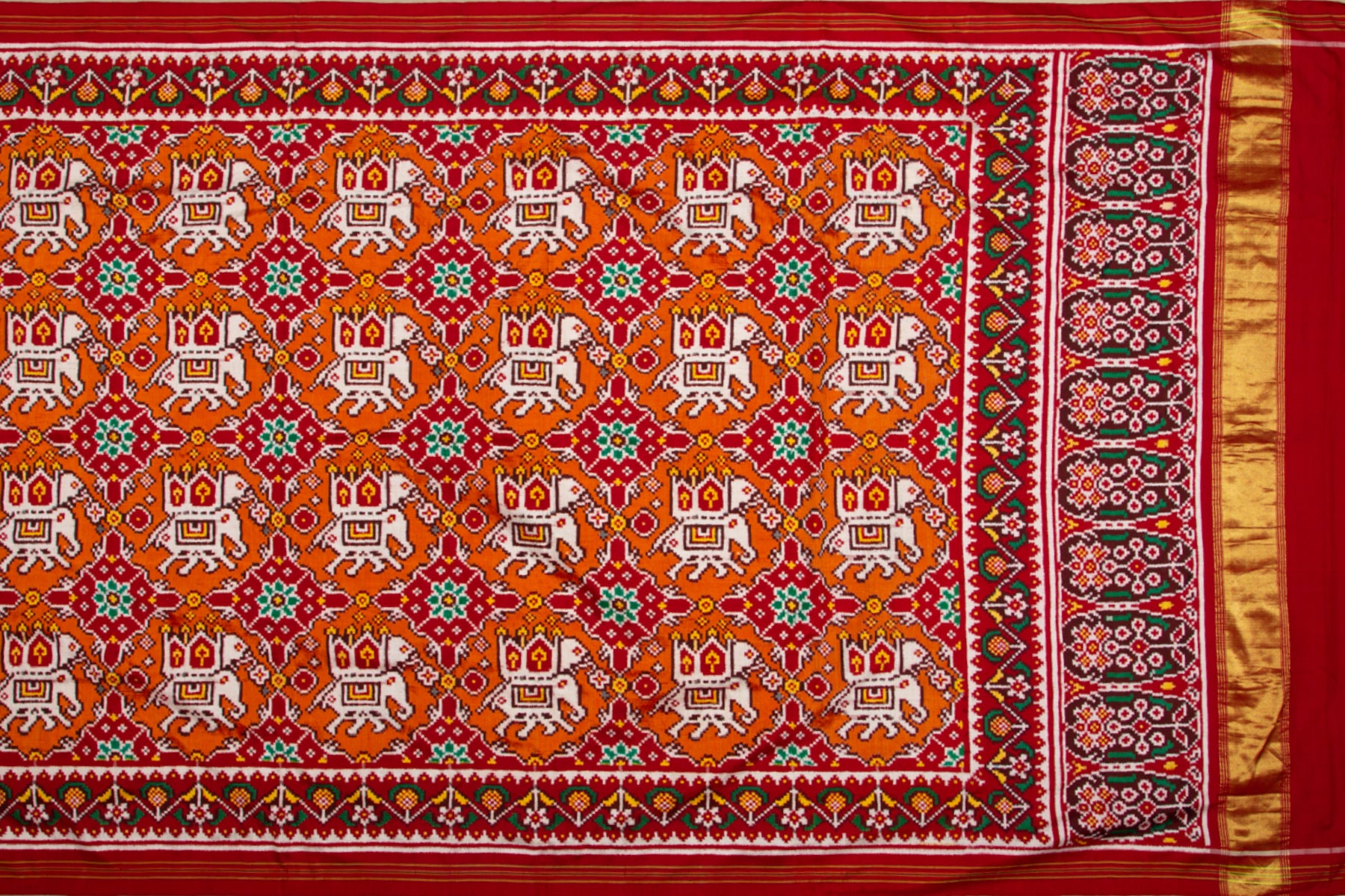 Patan Patola Silk Double Ikat Chabdi Bhat Orange Saree