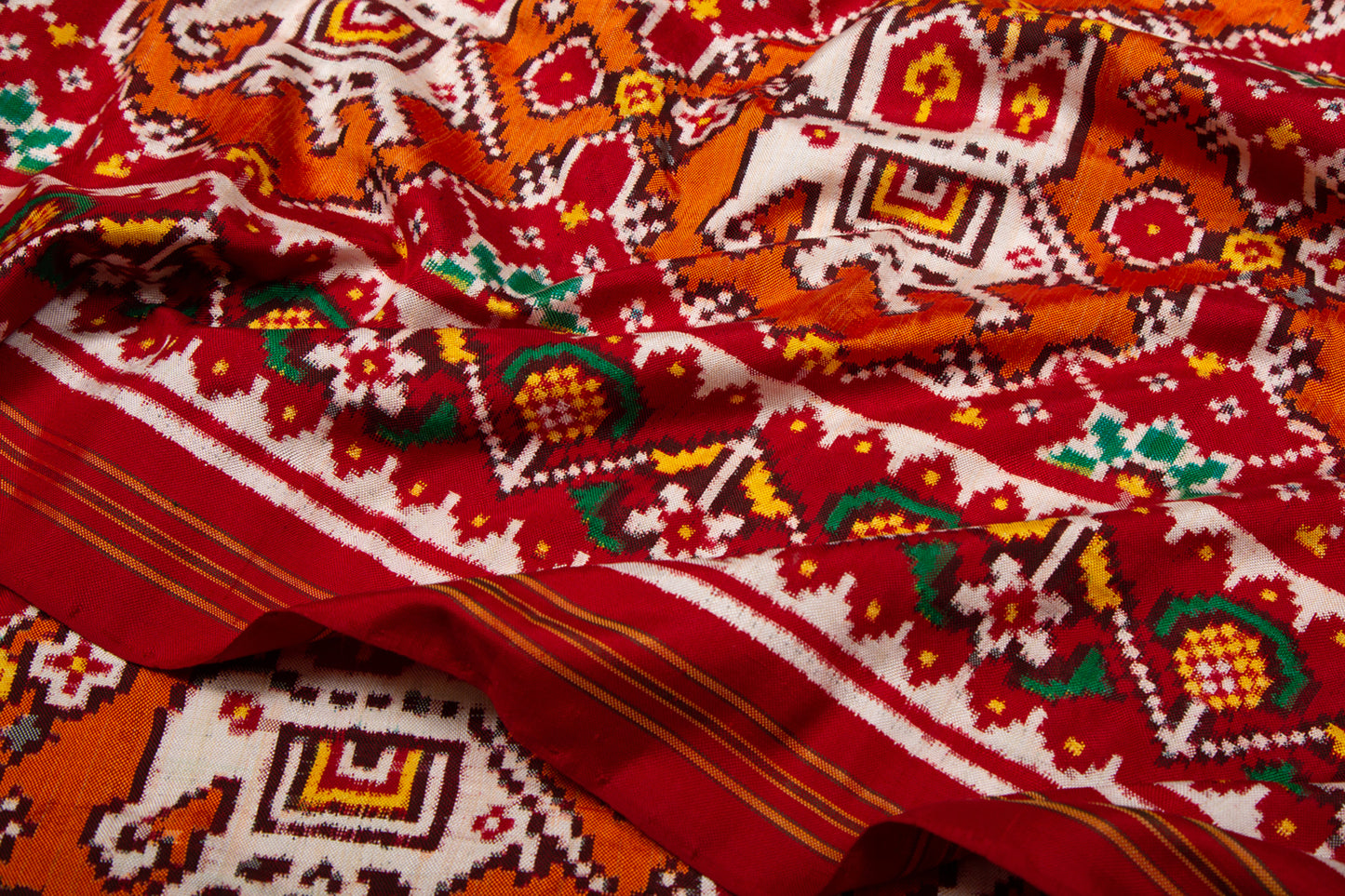 Patan Patola Silk Double Ikat Chabdi Bhat Orange Saree