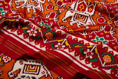 Patan Patola Silk Double Ikat Chabdi Bhat Orange Saree