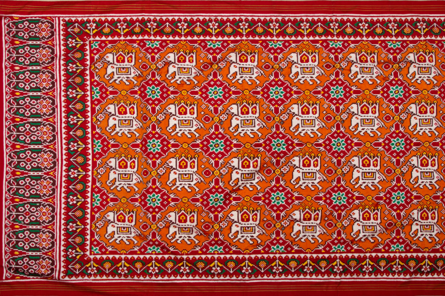 Patan Patola Silk Double Ikat Chabdi Bhat Orange Saree