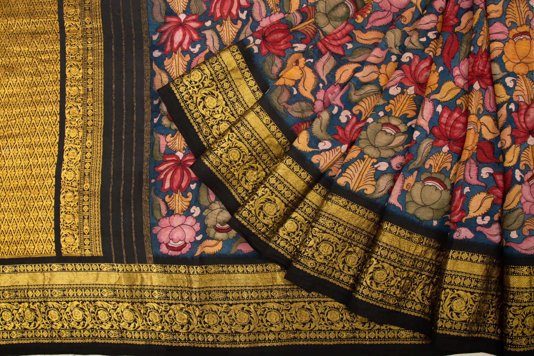 Kanchipuram Silk Kalamkari Hand Painted Dark Blue Saree