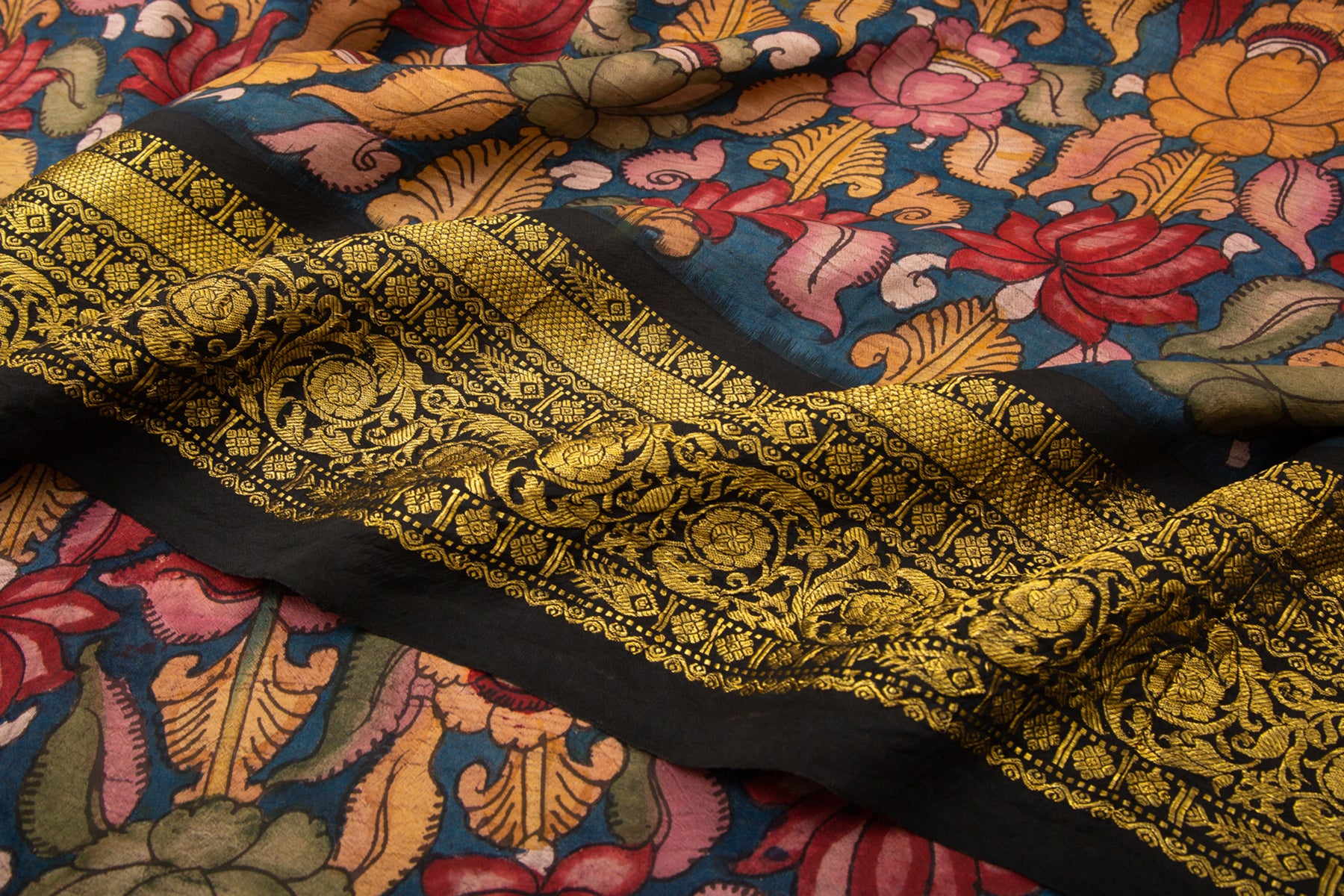 Kanchipuram Silk Kalamkari Hand Painted Dark Blue Saree