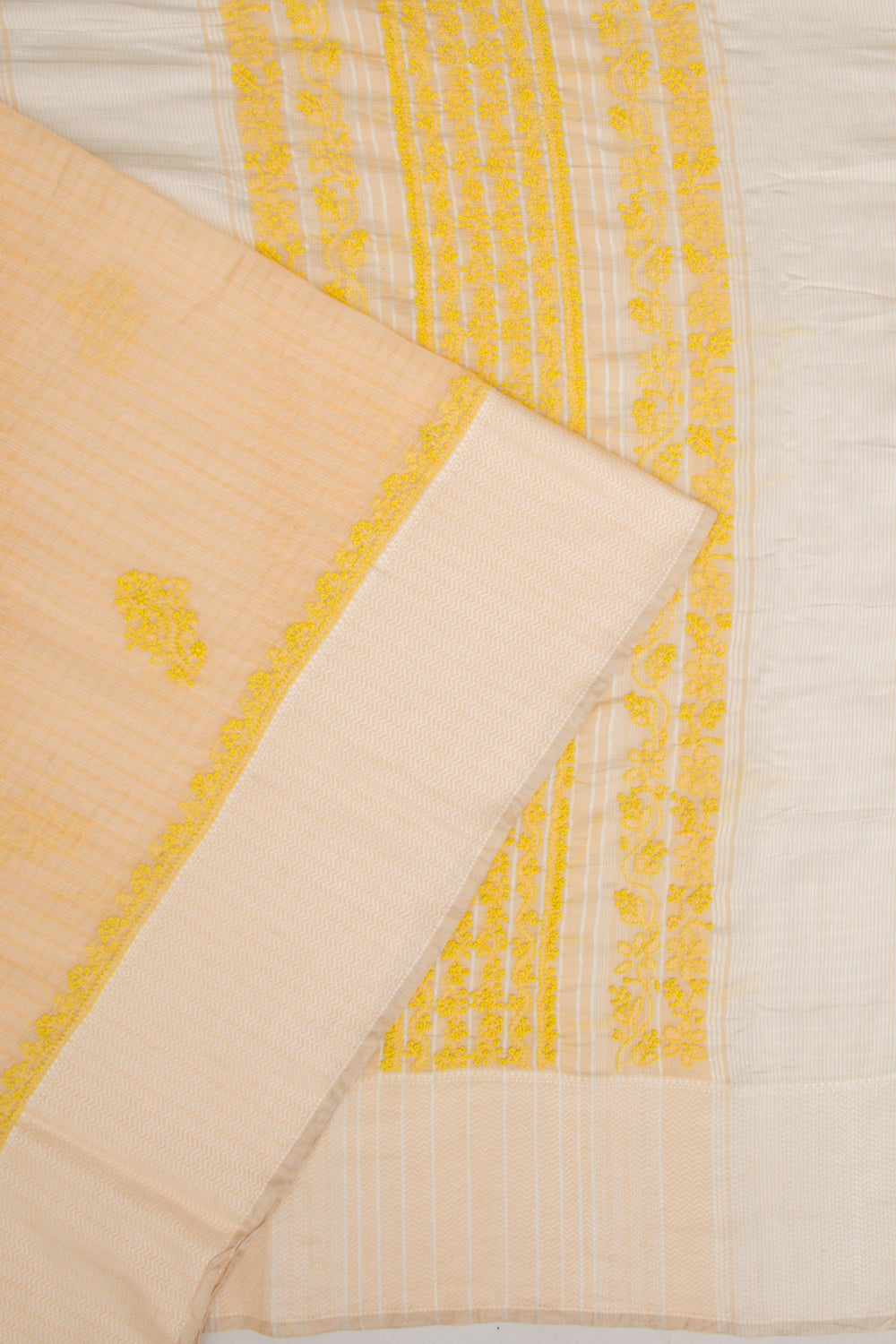 Maheshwari Silk Checks And Chikankari Butta Pastel Orange Saree