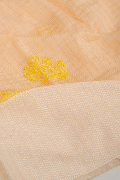 Maheshwari Silk Checks And Chikankari Butta Pastel Orange Saree