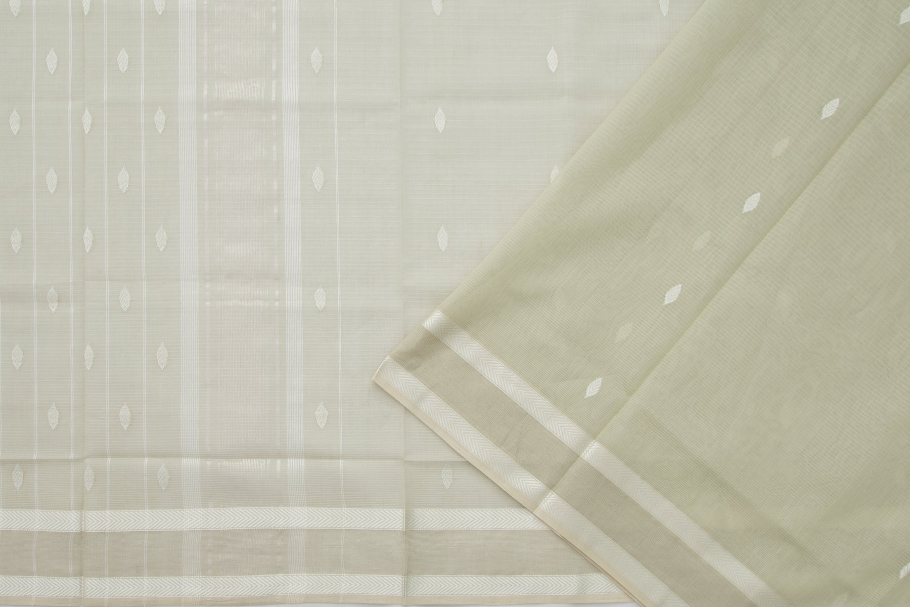 Maheshwari Cotton Horizontal Lines And Butta Sage Green Saree