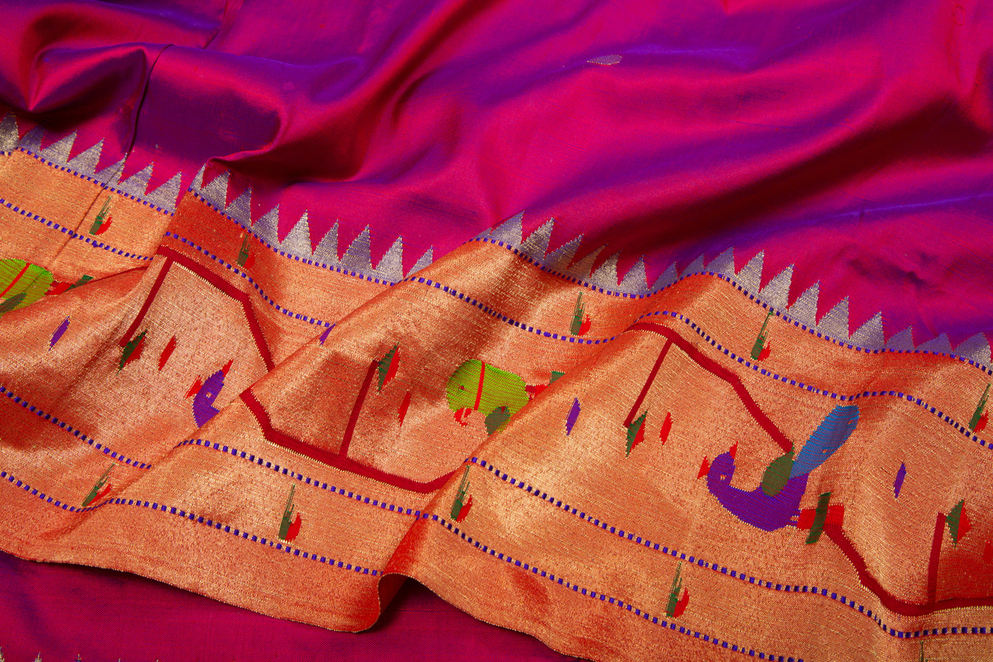Paithani Silk Butta Dual Tone Blue And Maroon Saree With Akruthi Border
