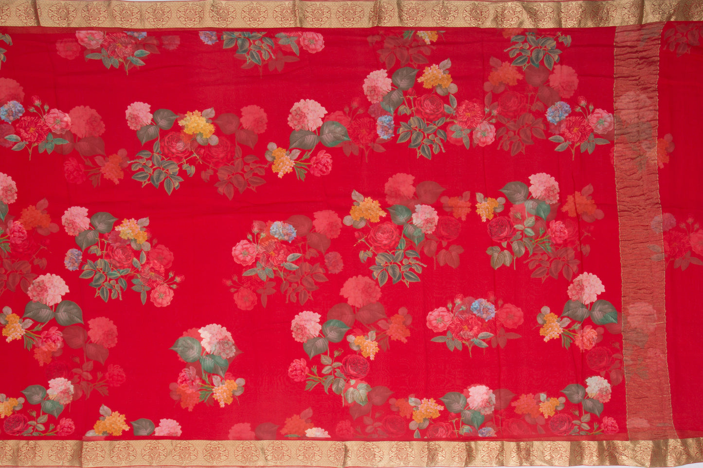 Chiffon Floral Printed Red Saree