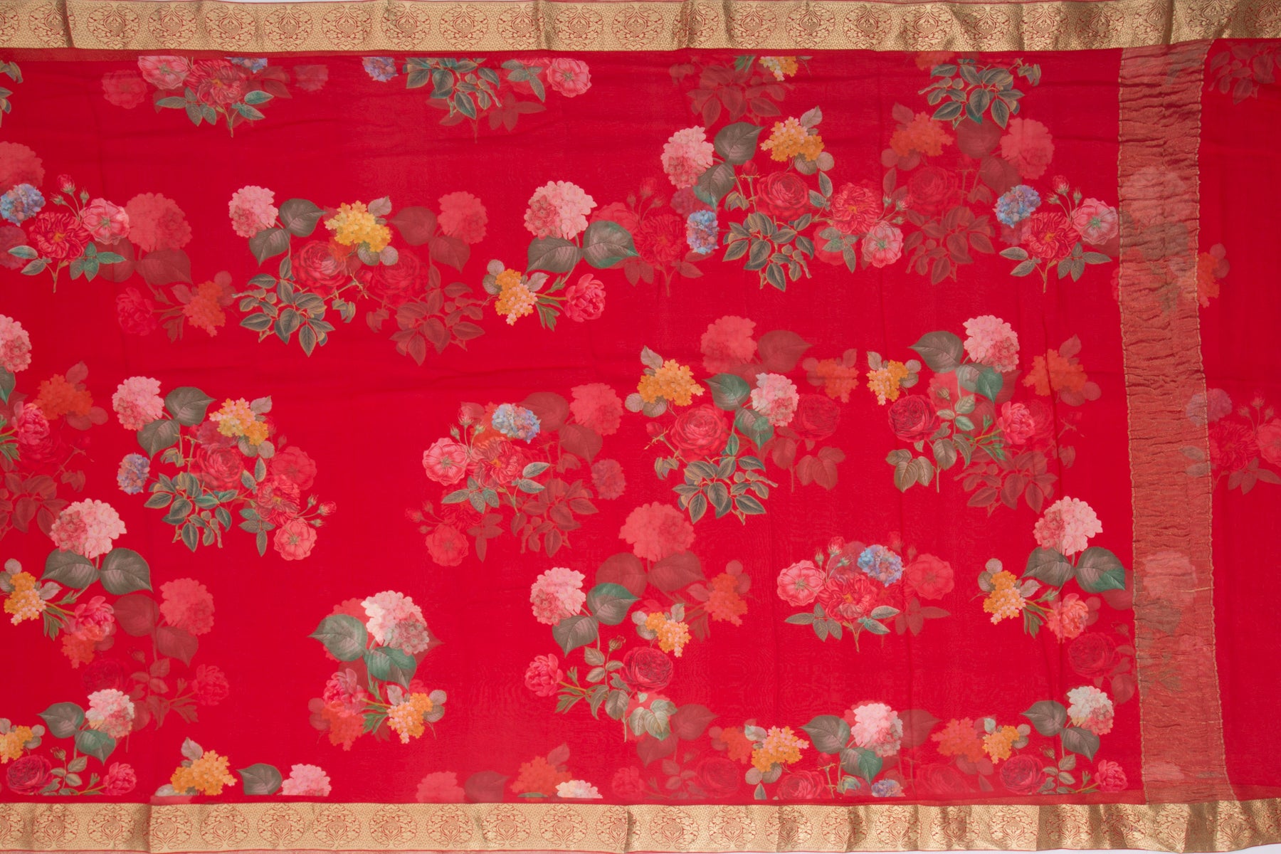 Chiffon Floral Printed Red Saree