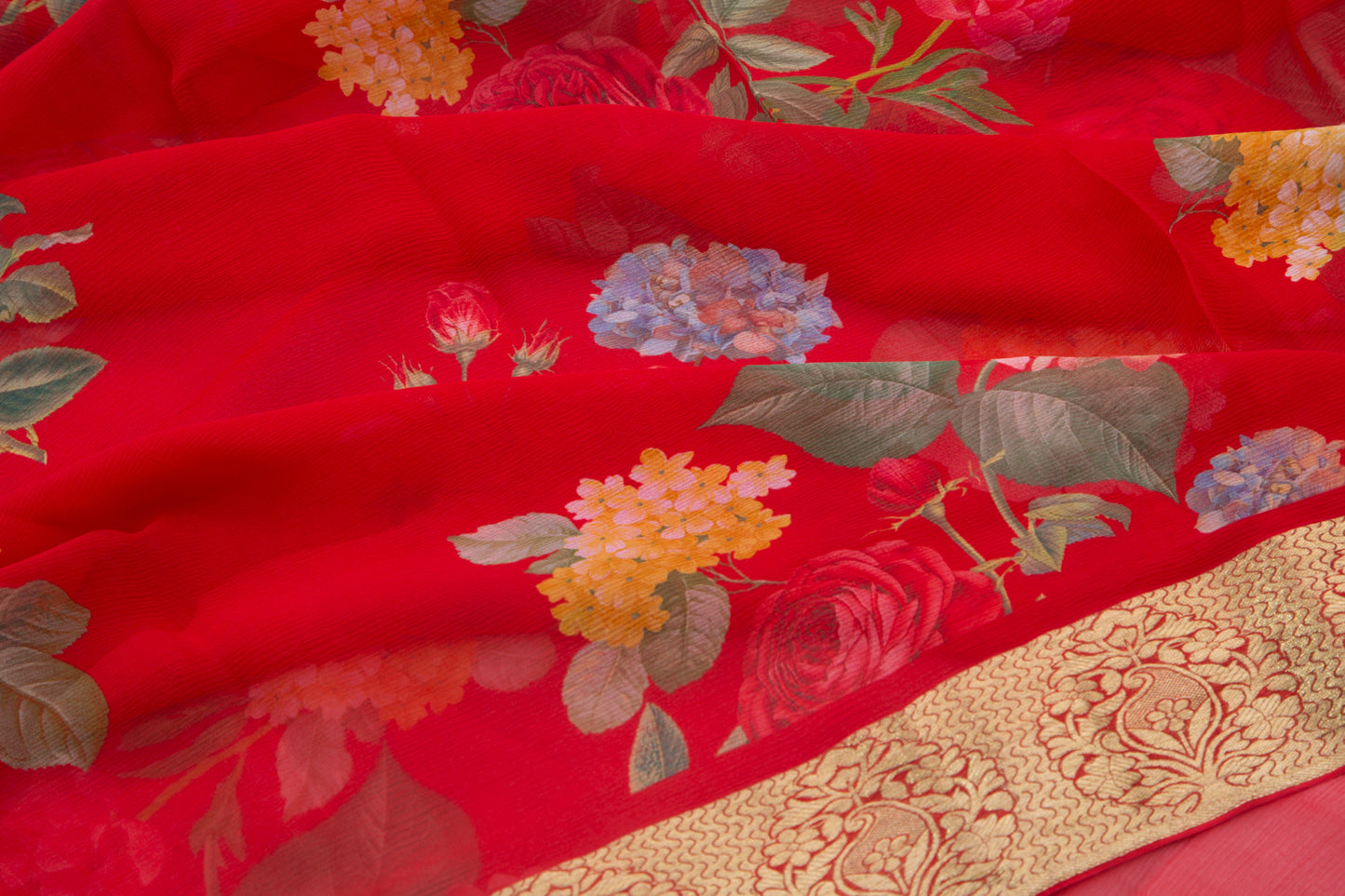Chiffon Floral Printed Red Saree