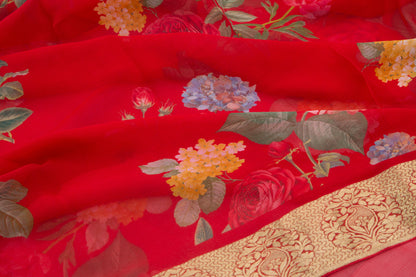 Chiffon Floral Printed Red Saree
