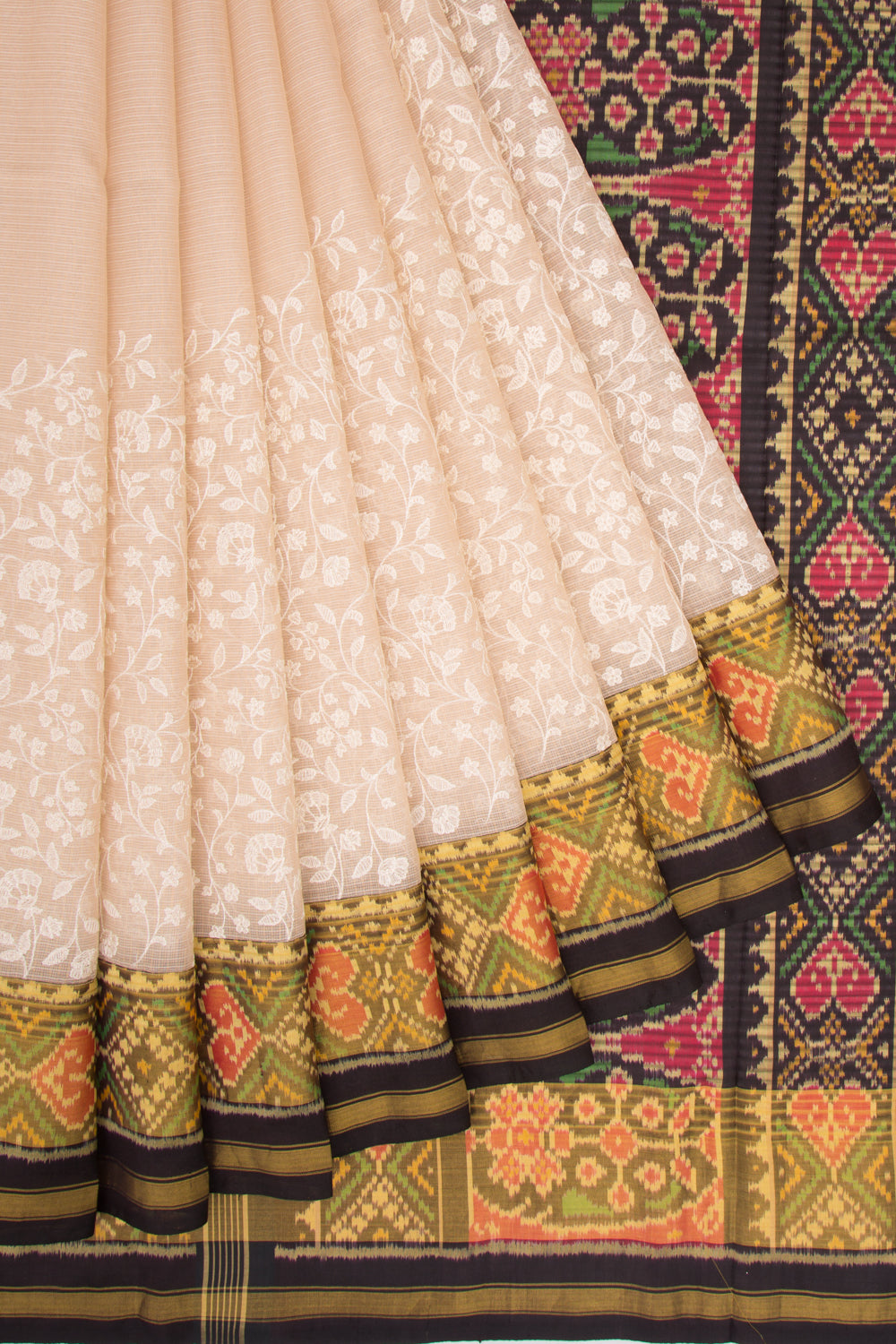 Kota Silk Tissue Floral Embroidery Cream Saree With Attached Ikat Border And Pallu