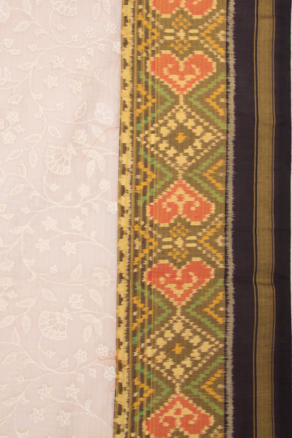 Kota Silk Tissue Floral Embroidery Cream Saree With Attached Ikat Border And Pallu