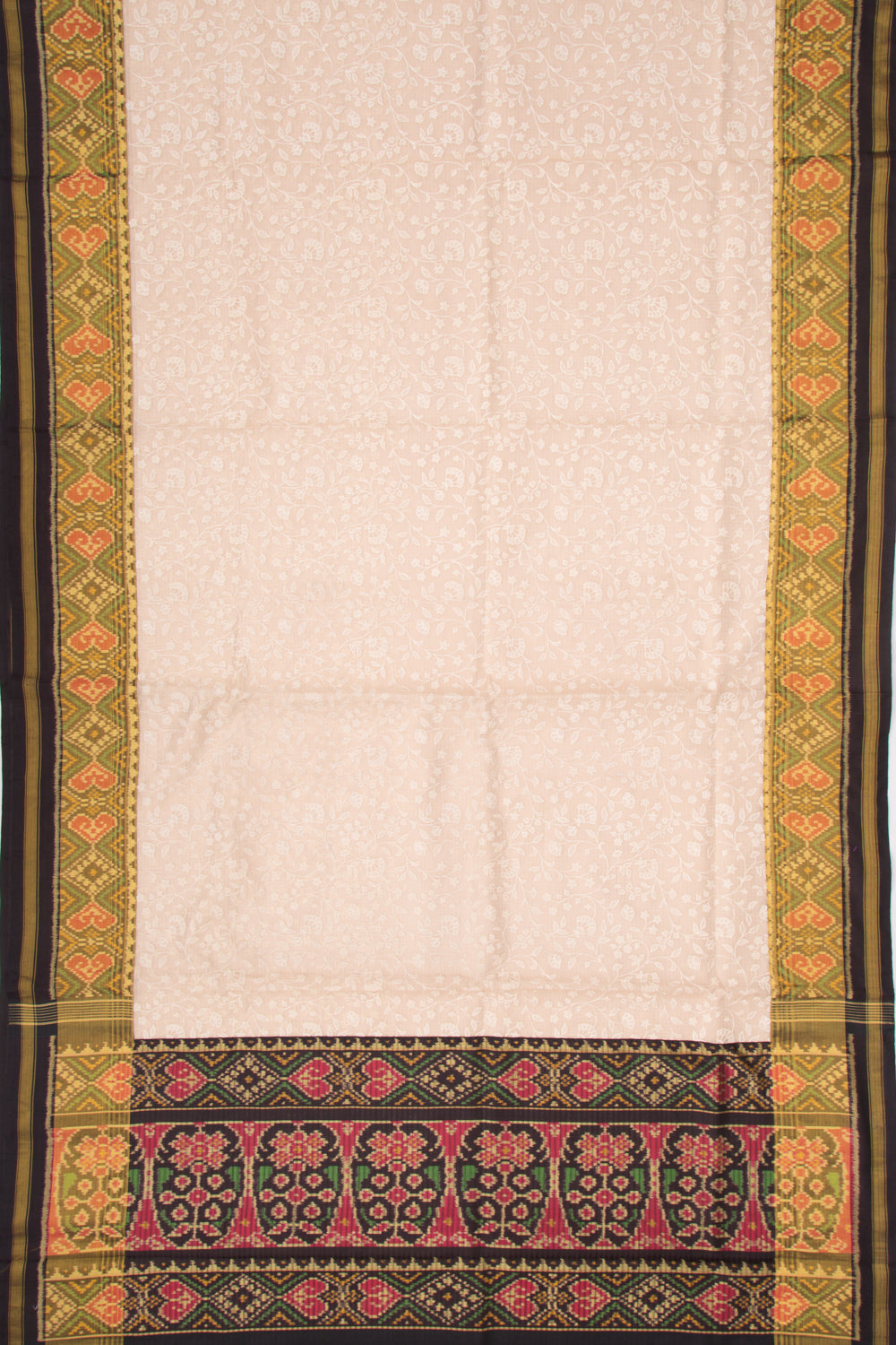 Kota Silk Tissue Floral Embroidery Cream Saree With Attached Ikat Border And Pallu