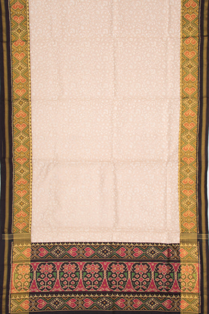 Kota Silk Tissue Floral Embroidery Cream Saree With Attached Ikat Border And Pallu