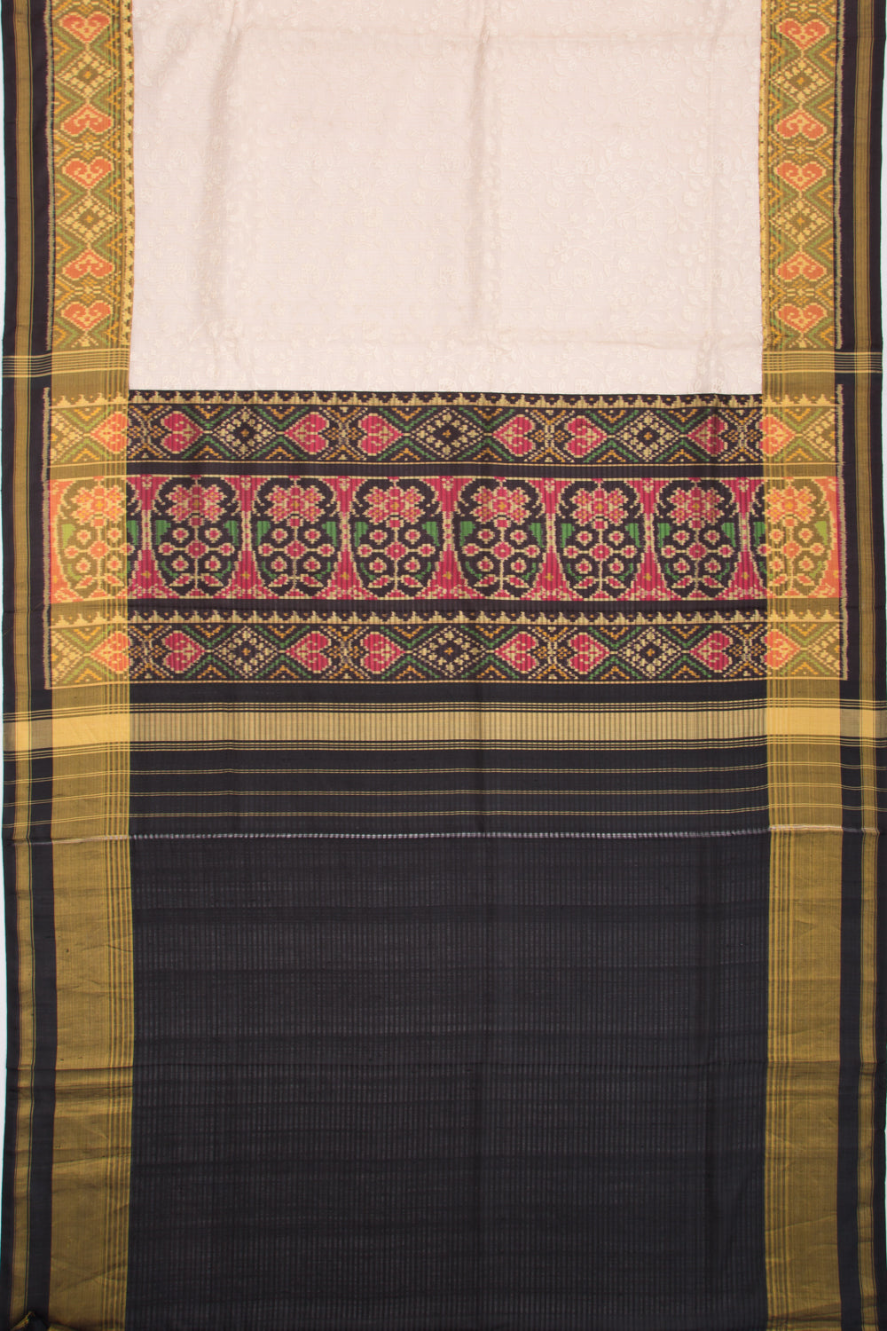 Kota Silk Tissue Floral Embroidery Cream Saree With Attached Ikat Border And Pallu