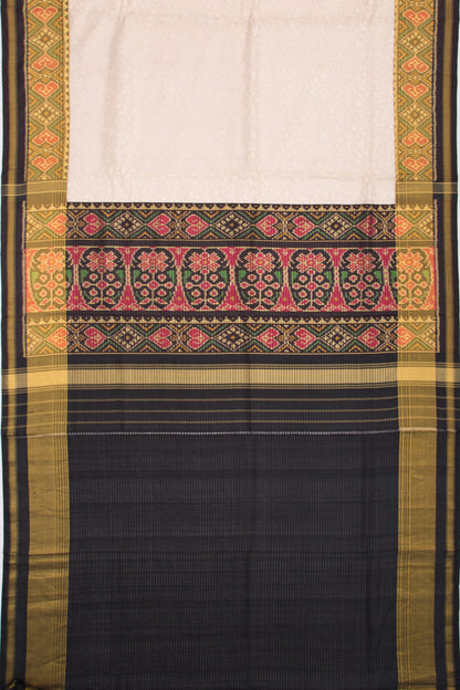 Kota Silk Tissue Floral Embroidery Cream Saree With Attached Ikat Border And Pallu