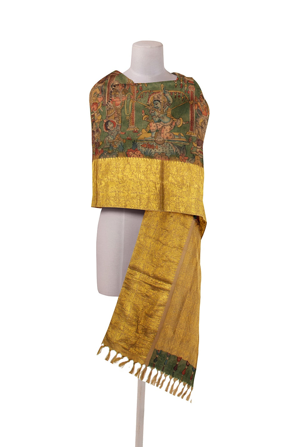 Kanchipuram Silk Handpainted Kalamkari Green Dupatta