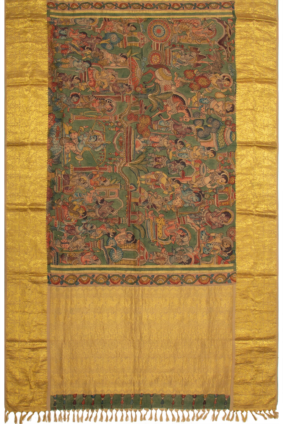Kanchipuram Silk Handpainted Kalamkari Green Dupatta