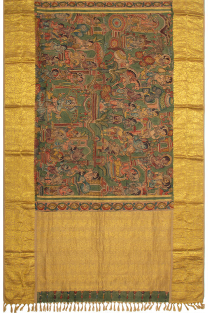 Kanchipuram Silk Handpainted Kalamkari Green Dupatta