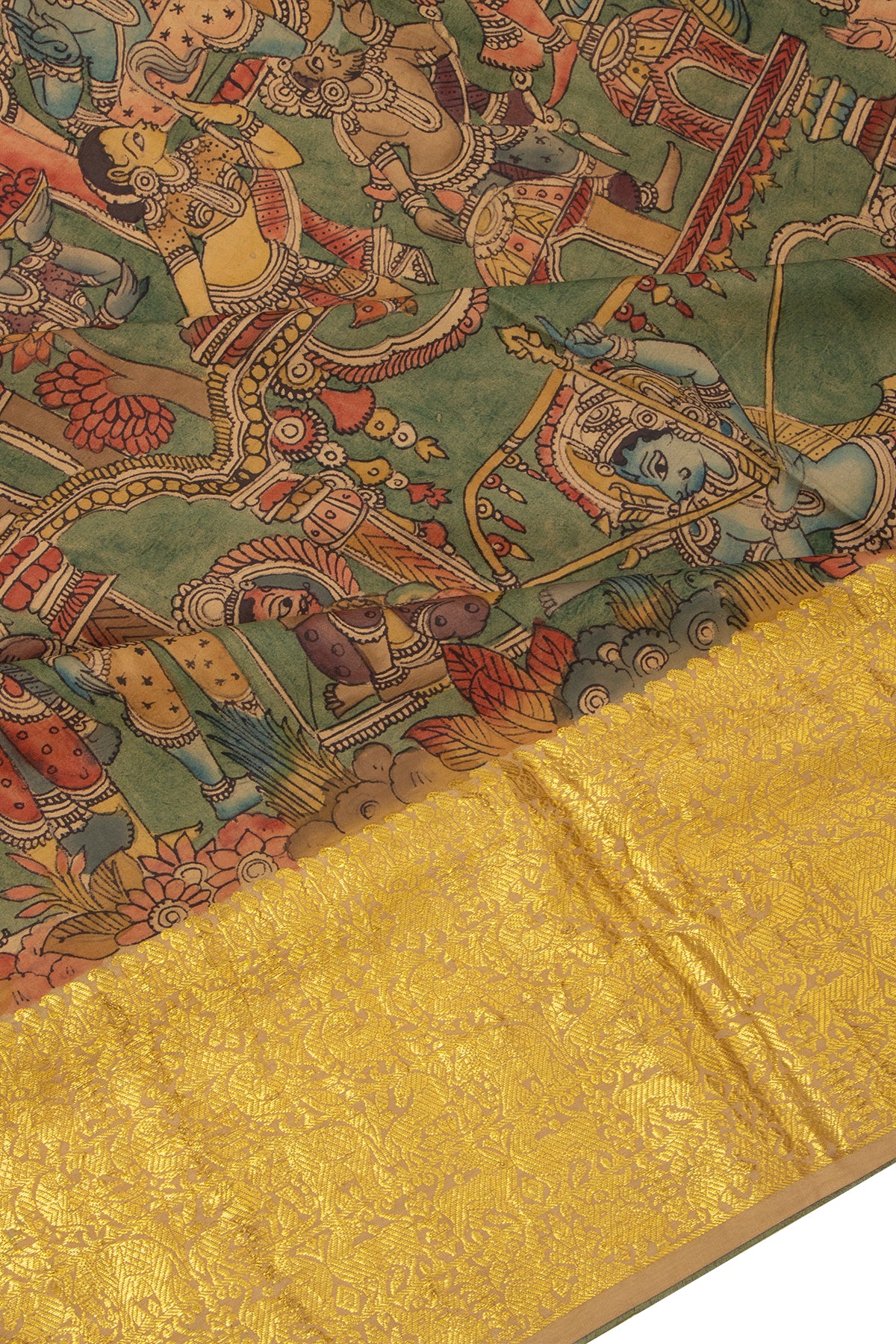 Kanchipuram Silk Handpainted Kalamkari Green Dupatta
