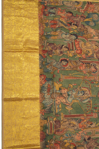 Kanchipuram Silk Handpainted Kalamkari Green Dupatta