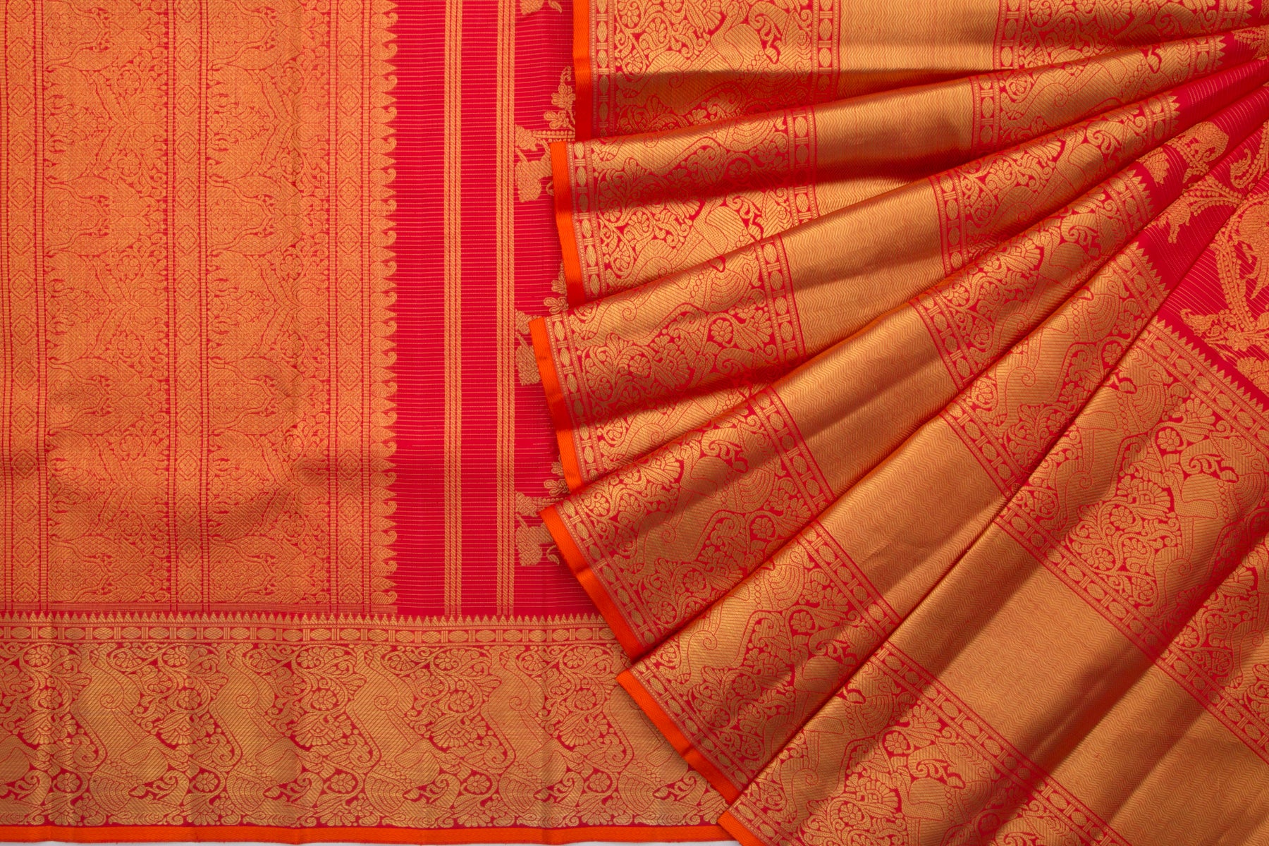 Kanchipuram Silk Vanasingaram Oosi Lines and Jaal Red Saree