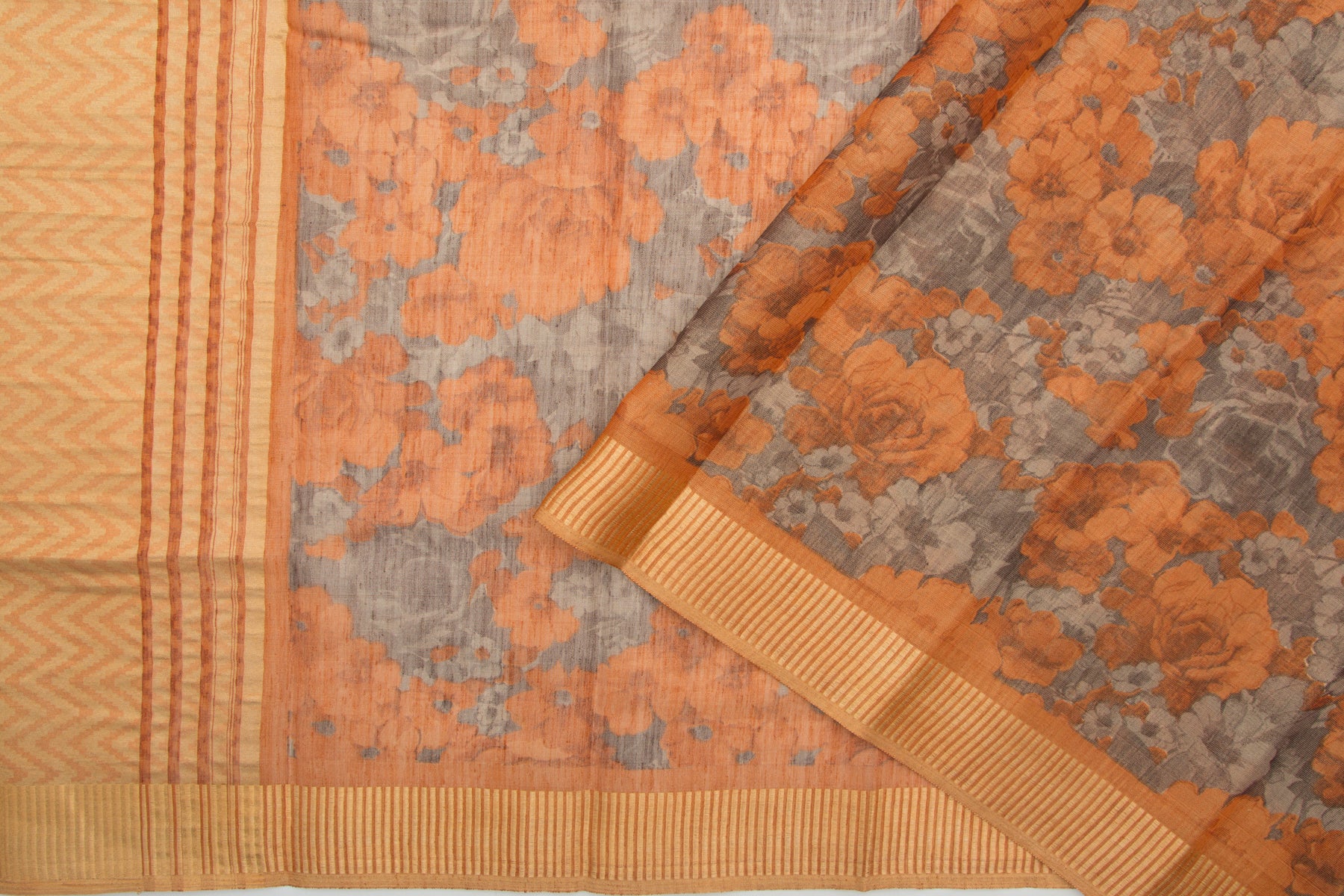 Linen Tissue Floral Printed Brown Saree