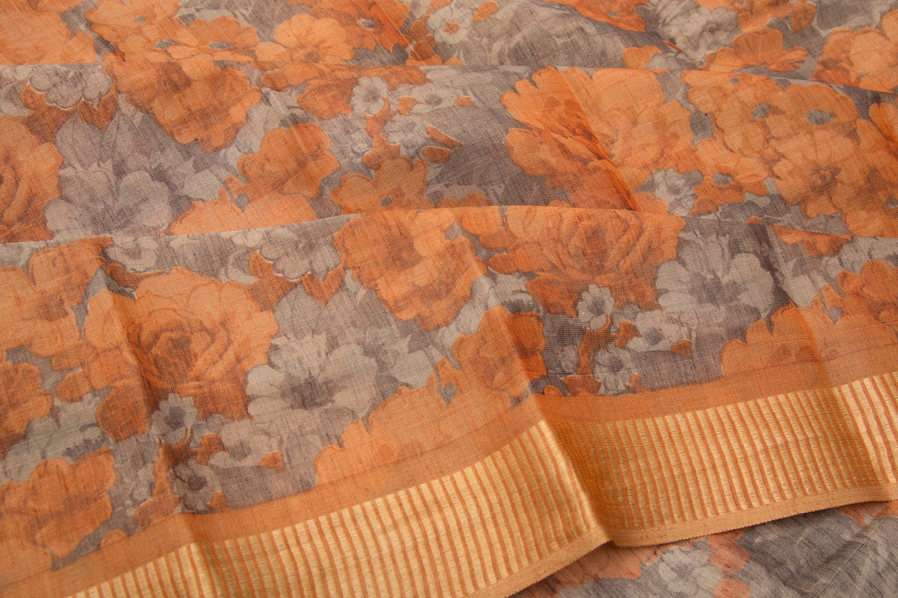 Linen Tissue Floral Printed Brown Saree