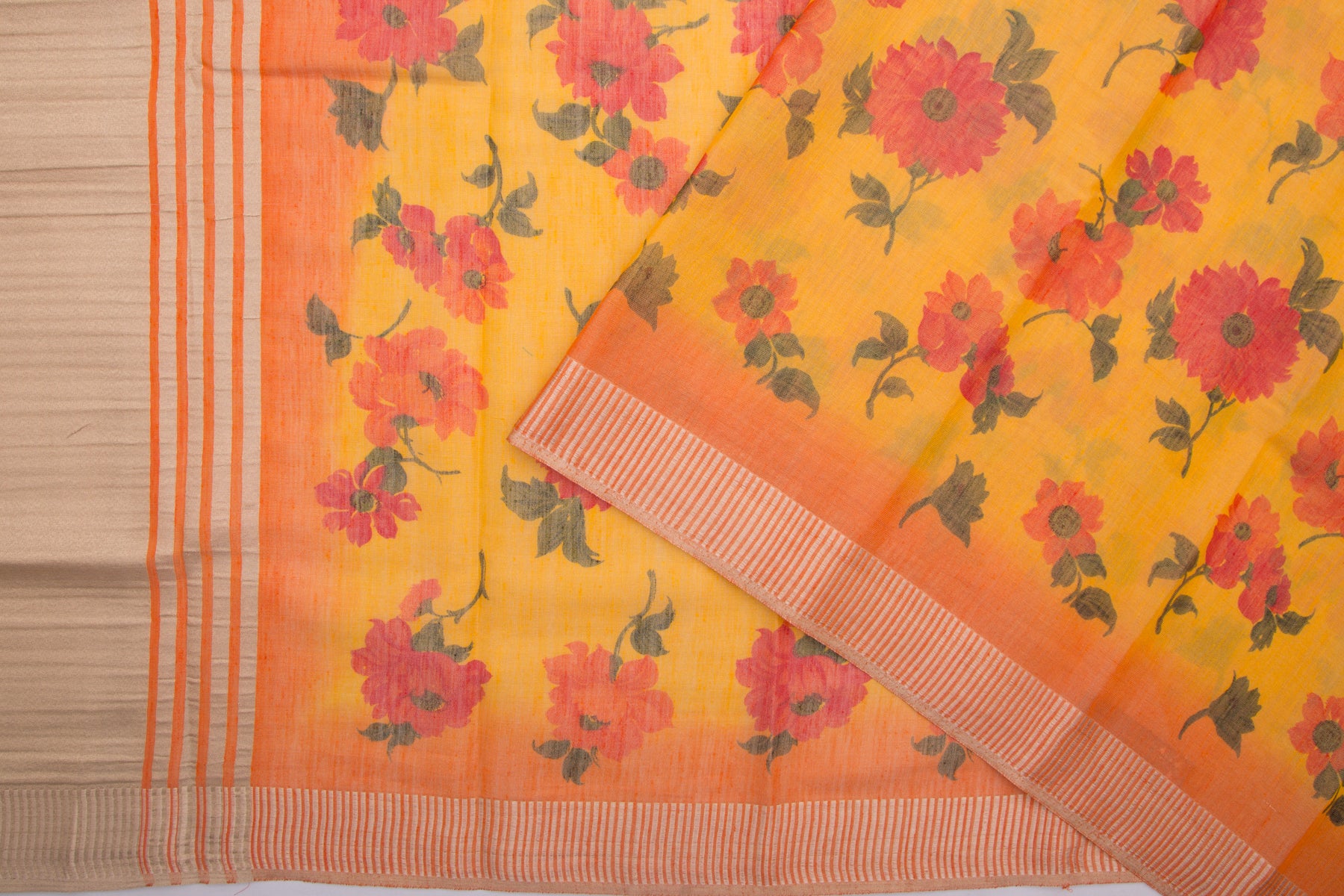 Linen Tissue Printed Yellow Saree