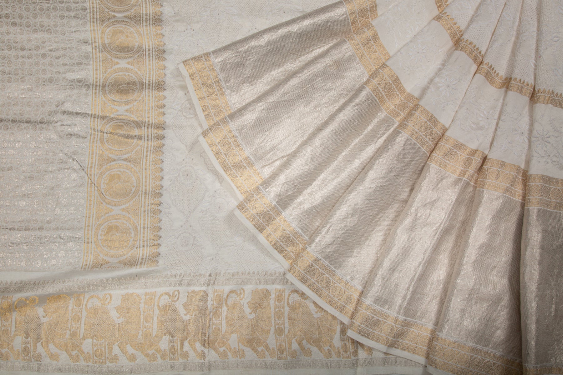Kanchipuram Silk Chikankari White Saree