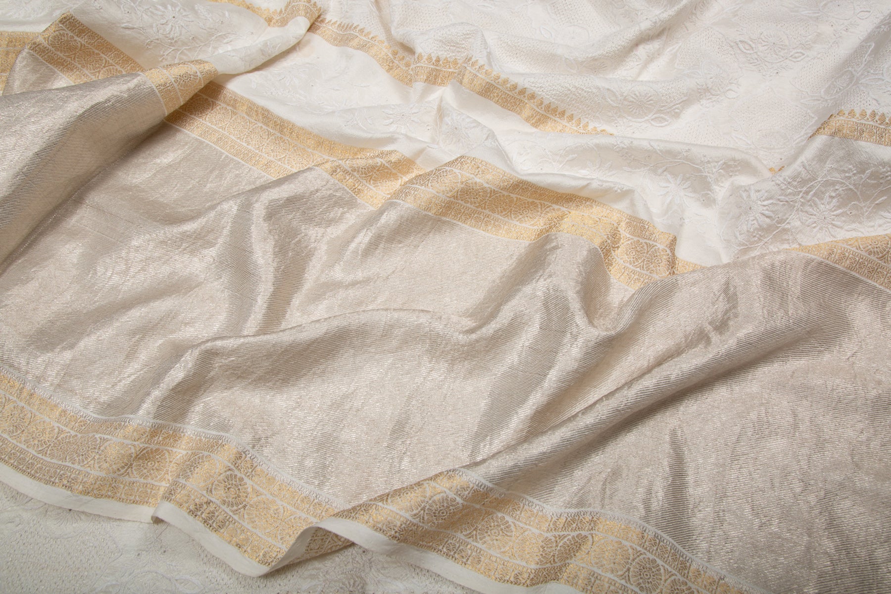Kanchipuram Silk Chikankari White Saree