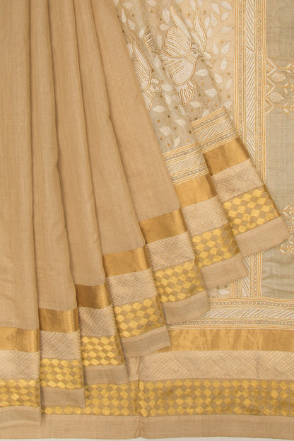 Tussar Chikankari Half-n-Half Beige Saree