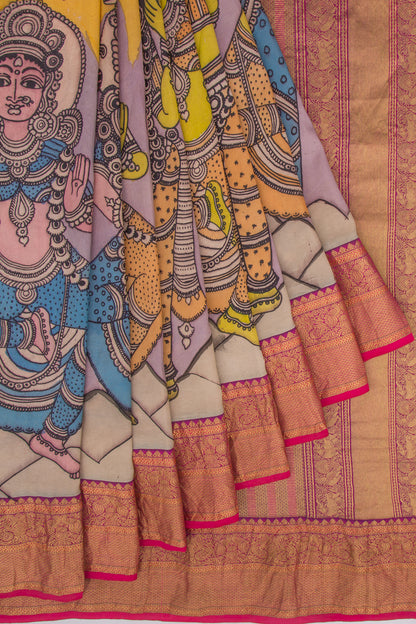 Kanchipuram Silk Kalamkari Lilac And Yellow Saree