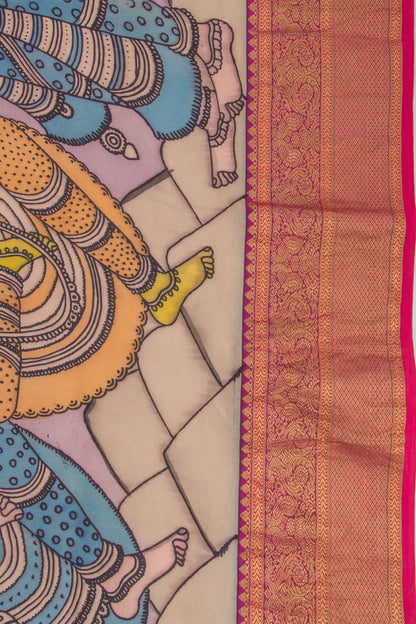 Kanchipuram Silk Kalamkari Lilac And Yellow Saree