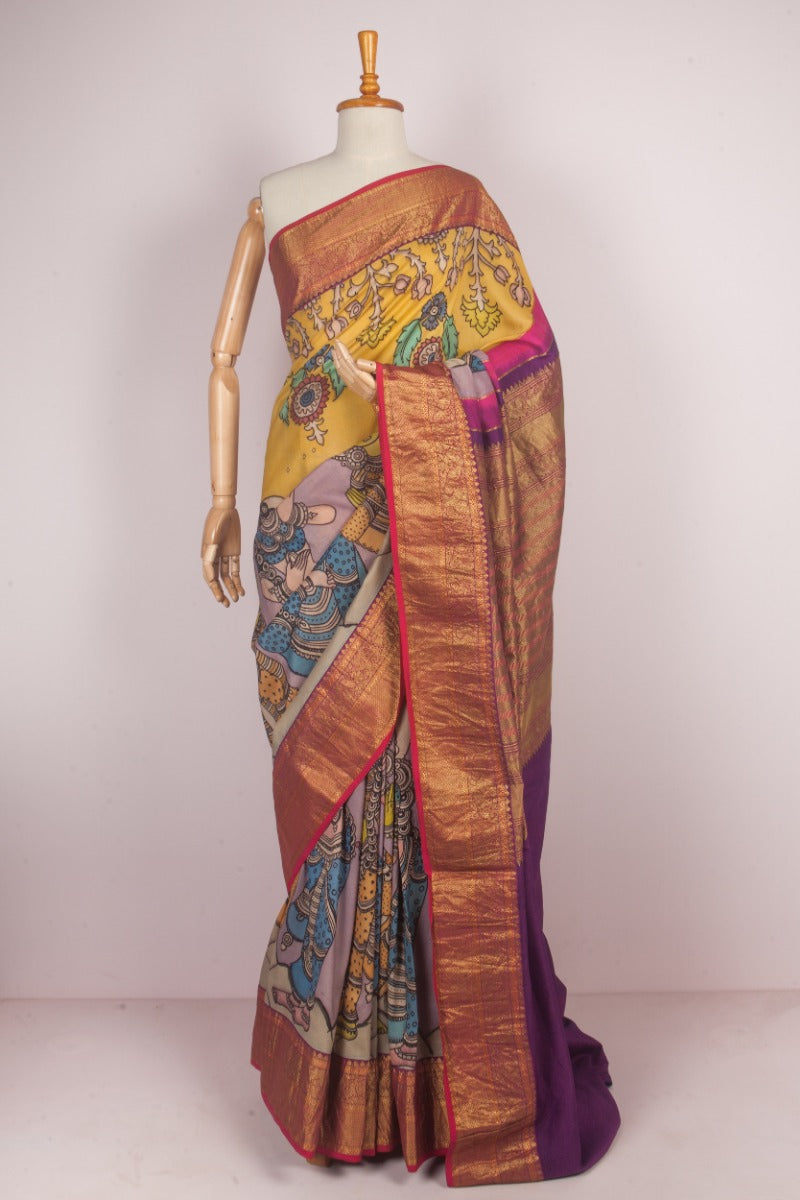 Kanchipuram Silk Kalamkari Lilac And Yellow Saree