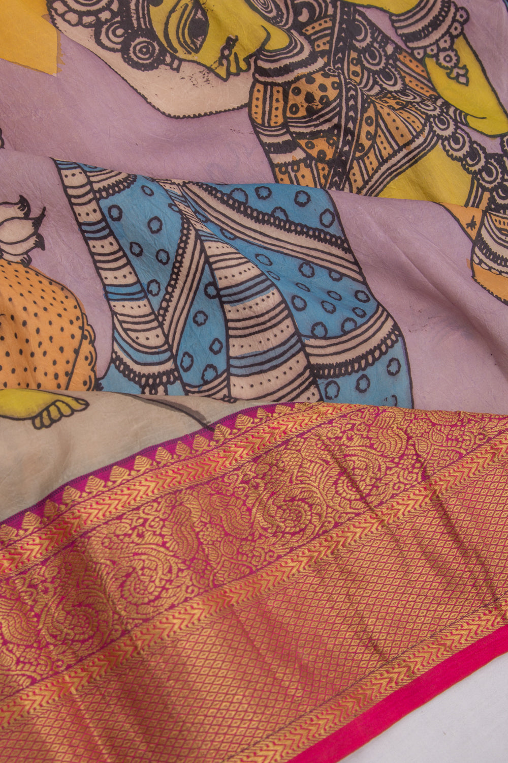 Kanchipuram Silk Kalamkari Lilac And Yellow Saree