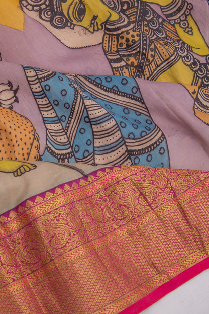 Kanchipuram Silk Kalamkari Lilac And Yellow Saree