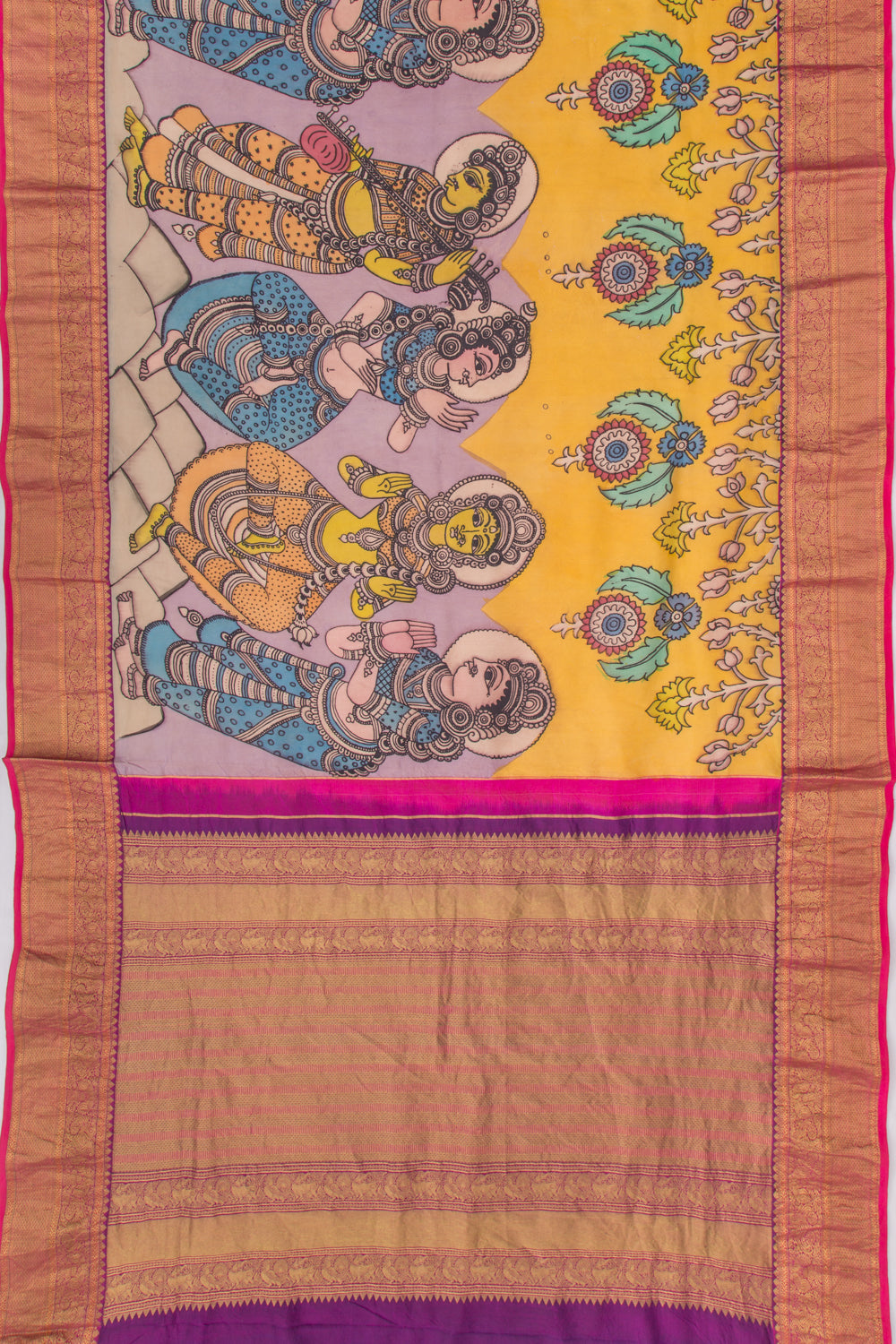 Kanchipuram Silk Kalamkari Lilac And Yellow Saree