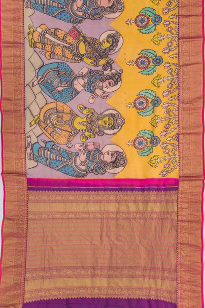 Kanchipuram Silk Kalamkari Lilac And Yellow Saree