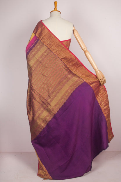 Kanchipuram Silk Kalamkari Lilac And Yellow Saree