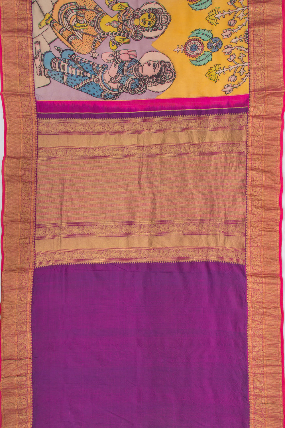 Kanchipuram Silk Kalamkari Lilac And Yellow Saree