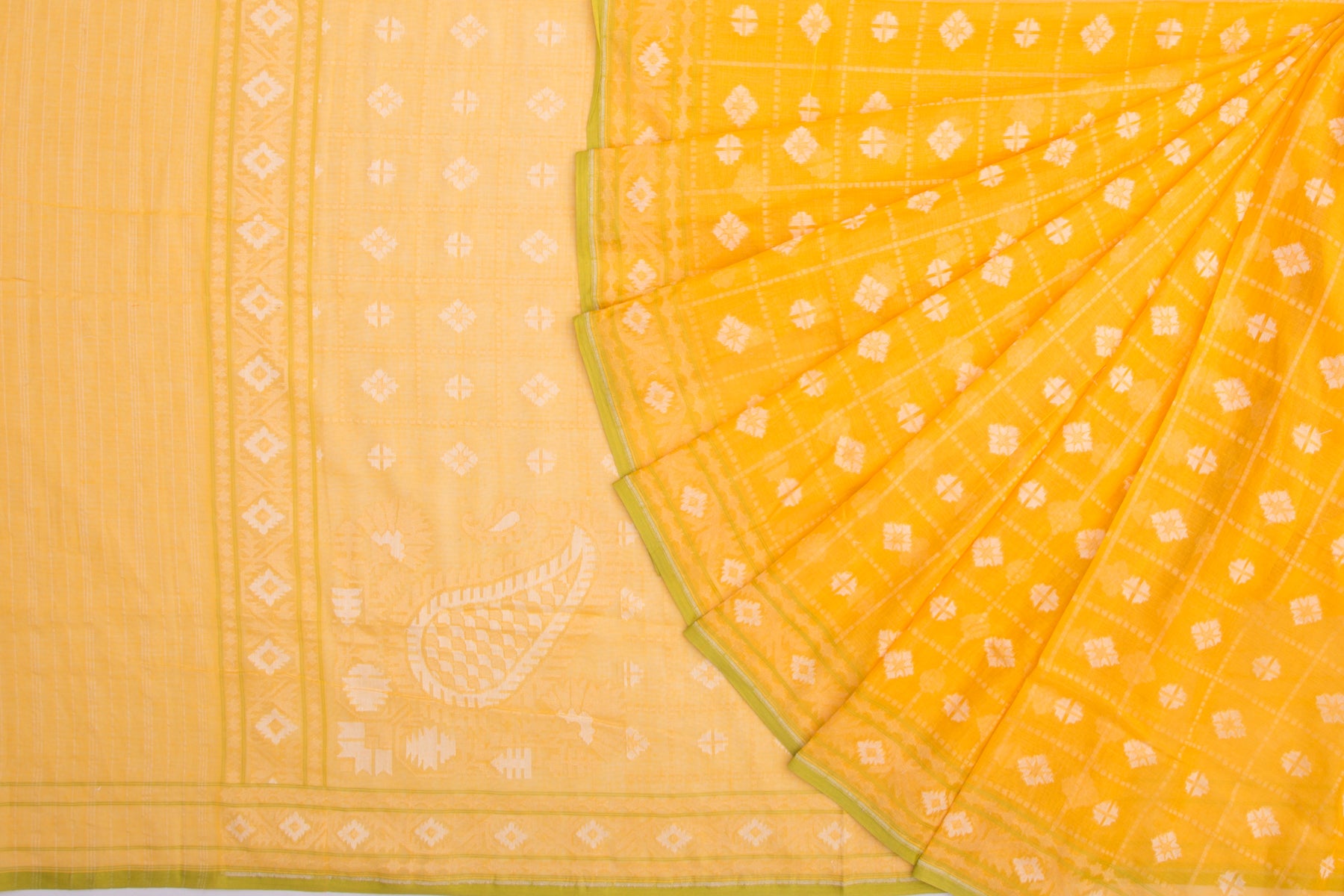 Banarasi Handspun Cotton Checks and Butta Yellow Saree