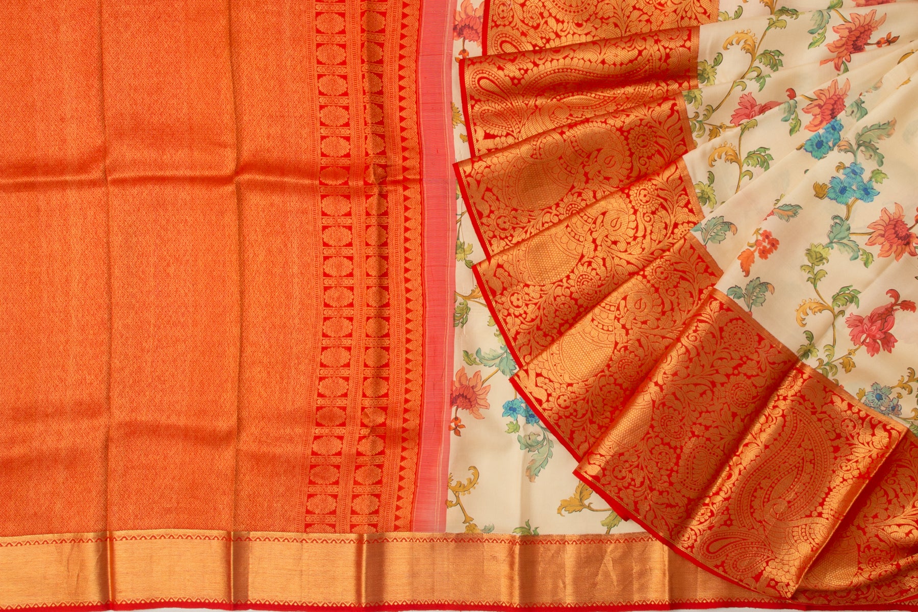 Kanchipuram Silk Floral Printed Cream Saree